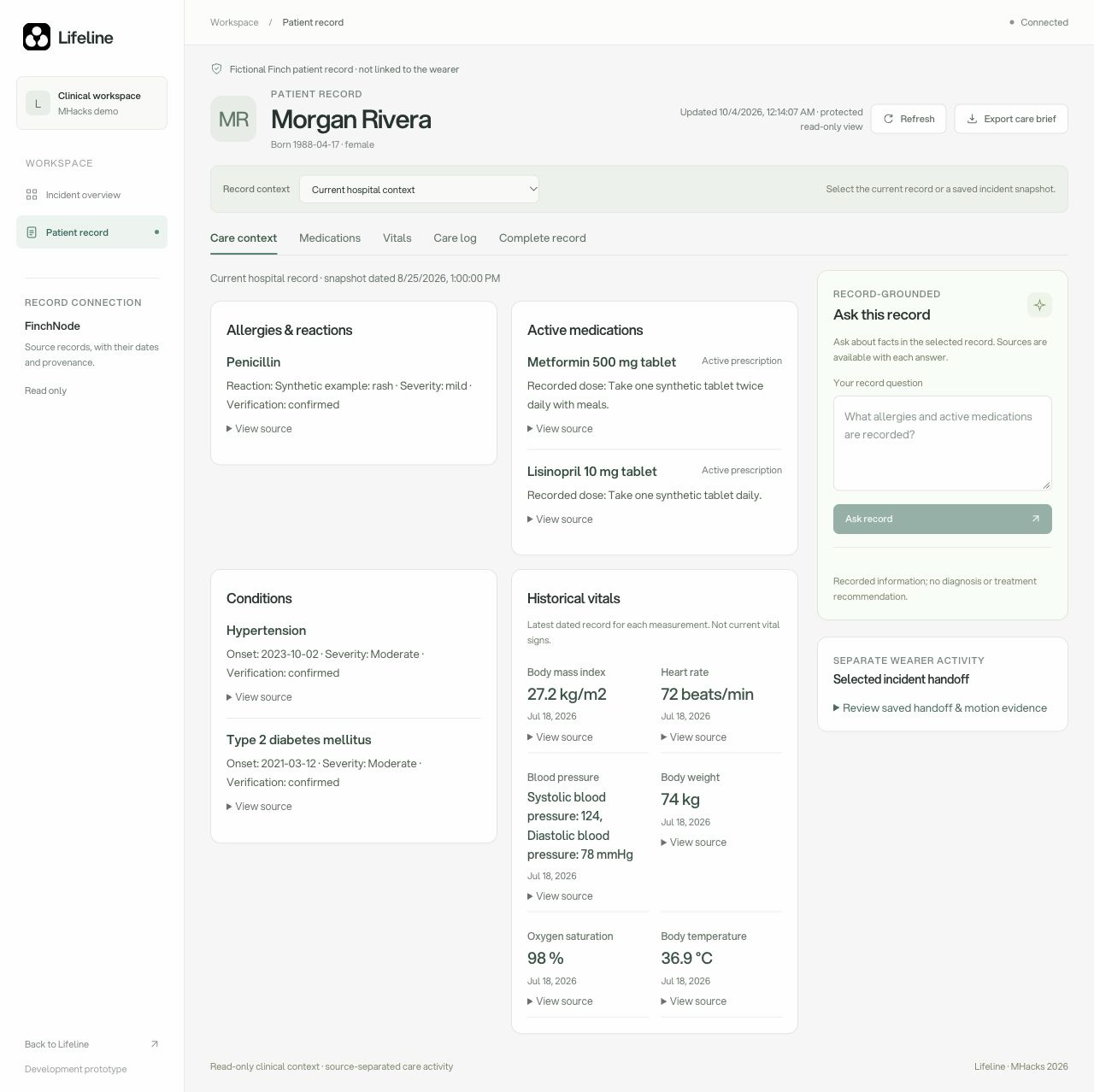 Lifeline read-only workspace showing the fictional Finch patient, medication records, allergies, conditions and a source-grounded record answer.